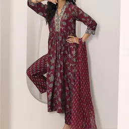 Libas Floral Printed V-Neck High Slit Anarkali Kurta With Trousers And Dupatta-image-25