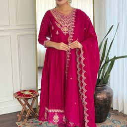 KALINI Floral Yoke Design V-Neck Zari Anarkali Kurta With Trousers And Dupatta-picture-55