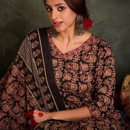 Indo Era Floral Printed V-Neck Cotton Straight Kurta With Trousers & Dupatta-32