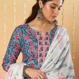 Indo Era Floral Printed Notch Neck Pure Cotton Kurta With Trousers & Dupatta-54