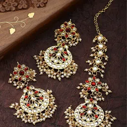 I Jewels Women Gold-Plated Kundan Studded Maang Tika and Earrings-image-0