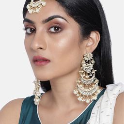 I Jewels Women Gold-Plated Kundan Studded Maang Tika and Earrings-image-3