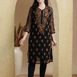 ADA Women Black Embroidered Regular Chikankari Kurta with Trousers-image-10