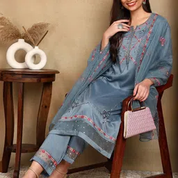 KALINI Floral Embroidered Thread Work Straight Kurta with Trousers & With Dupatta-24