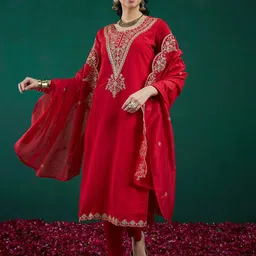 Indo Era Red Ethnic Motifs Embroidered Regular Kurta with Trousers & Dupatta-picture-25