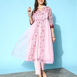 Inddus Women Floral Printed High Slit Kurta with Trousers-image-92