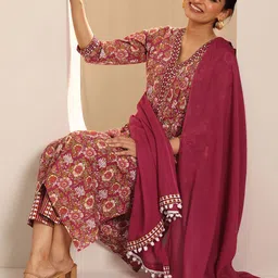 Libas Floral Printed Pleated V-Neck A-Line Kurta With Trousers And Dupatta-27