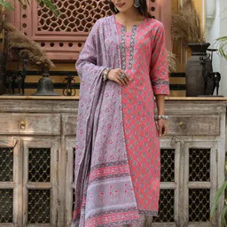Rain & Rainbow Women Ethnic Printed Pure Cotton Kurta with Trousers & Dupatta-44