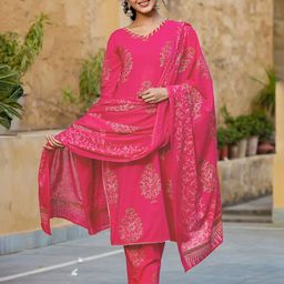 AHIKA Women Magenta Floral Printed Pure Cotton Kurta with Trousers & With Dupatta-image-81