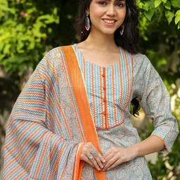 KEOSA Women Floral Printed Regular Pure Cotton Kurta with Trousers & With Dupatta-34