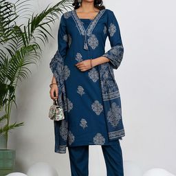 Vbuyz Blue Floral Printed Pure Cotton Straight Kurta With Trousers & Dupatta-image-27