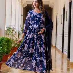 KALINI Women Floral Printed Empire Gotta Patti Kurta with Trousers & Dupatta-image-71