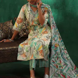 Libas Women Floral Printed Regular Gotta Patti Kurta with Trousers & With Dupatta-image-94