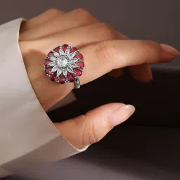 Rubans Rhodium Plated Ruby Pink & White Cubic Zirconia Studded Floral Adjustable Ring-5
