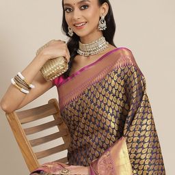 Silk Land Navy Blue & Golden Ethnic Motifs Zari Brocade Banarasi Saree-image-21