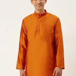 THANGAMAGAN Men Orange Solid Band Collar A-Line Straight Kurta-picture-50