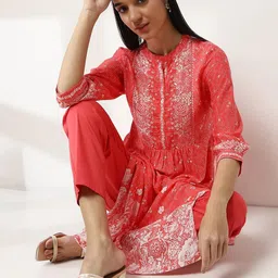 Rangriti Floral Printed Mandarin Collar Pleated Straight Kurta-58