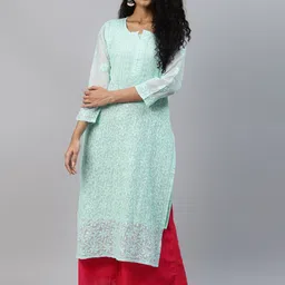ADA Women Sea Green Chikankari Hand Embroidered Straight Kota Handloom Kurta With Matching Slip-picture-25