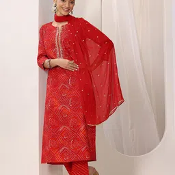Libas Red Bandhani Printed Round Neck Sequinned Straight Kurta With Trousers & Dupatta-image-9