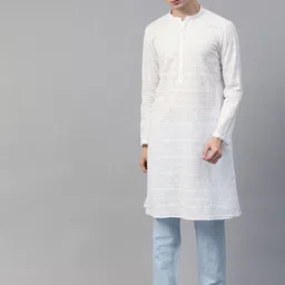 See Designs Men White Pure Cotton Chikankari Embroidered Straight Kurta-picture-20