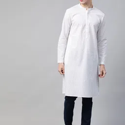 See Designs Men White Ethnic Motifs Chikankari Embroidered Straight Kurta-image-68