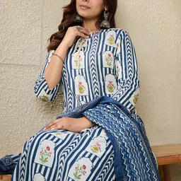 Indo Era Floral Printed Tie-Up Neck Pure Cotton Straight Kurta With Trousers & Dupatta-picture-11