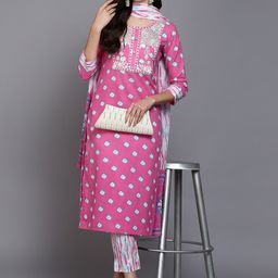 KALINI Bandhani Printed Thread Work Pure Cotton Straight Kurta With Trousers & Dupatta-image-41