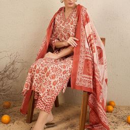 Indo Era Floral Printed Gotta Patti Pure Cotton Straight Kurta With Trousers & Dupatta-image-45