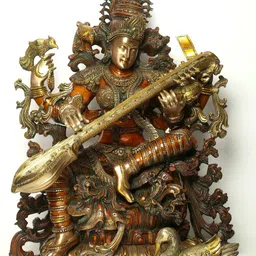 Exotic India Gold-Toned Chaturbhujadharini Devi Saraswati Brass Religious Idol Showpiece-image-10
