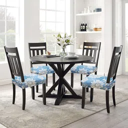 ohello 4 Pcs Blue & Grey Floral Printed Elasticated Fitted Polyester Chair Seat Covers-15