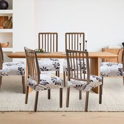 ohello 6 Pcs Grey & Black Floral Printed Elasticated Fitted Polyester Chair Seat Covers-8