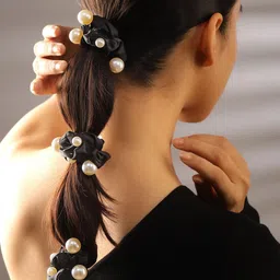 Rubans Women Set of 3 Beaded Satin Hair Srunchies-52