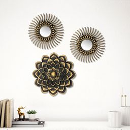 Home Centre Corsica Corvus 3 Pieces Gold Toned & Black Textured Wall Accent & Mirror Set-21