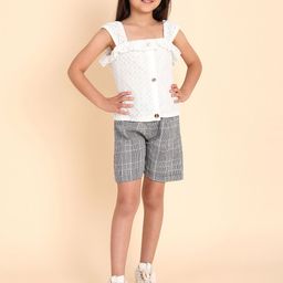 HERE&NOW Girls White Self Design Sleeveless Top & Checked Shorts-image-62