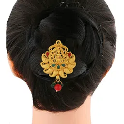 Sanjog Gold-Plated Red & Green Kundan-Studded & Beaded Hair Brooch-picture-6