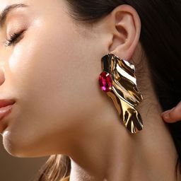 SOHI Gold-Plated Contemporary Artificial Stones Studded Shard-Gem Drop Earrings-1