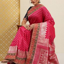 House of Pataudi Fuchsia Pink & Silver Ethnic Motifs Sequinned Jashn Banarasi Saree-image-0