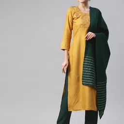 SheWill Women Mustard Yellow & Green Ethnic Yoke Design Kurta with Trousers & Dupatta-picture-20