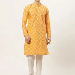 Jompers Men Mustard Yellow & White Chikankari Embroidered Kurta with Churidar-28