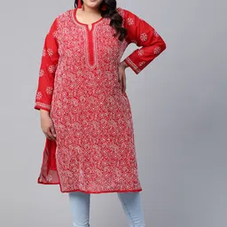 Ada Women Plus Size Red & White Ethnic Motifs Embroidered Chikankari Handloom Kurta-image-49
