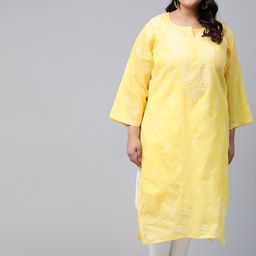 Ada Women Plus Size Yellow & White Ethnic Motifs Cotton Chikankari Embroidered Kurta-51
