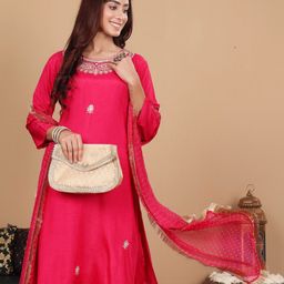 Varanga Women Pink pure silk zardozi & floral embroidered kurta with trousers & dupatta-picture-17