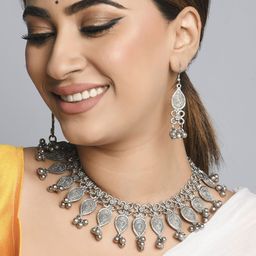 Fida Ethnic Traditional Oxidised Silver-Plated Teardrop Charm Jewellery Set-image-10