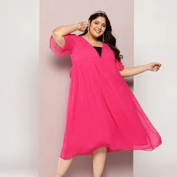 Qurvii+ Plus Size Flared Sleeves Georgette Fit & Flare Midi Dress With Sequined Detail-33
