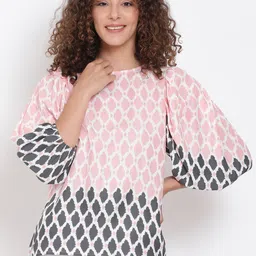 Oxolloxo Pink & Charcoal Printed Bishop Sleeves Crepe Regular Top-image-37