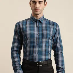 SOJANYA Men Teal Blue & Black Classic Regular Fit Checked Pure Cotton Formal Shirt-image-17