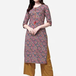 KALINI Women Grey & Pink Ethnic Motifs Printed Mirror Work Kurta-3