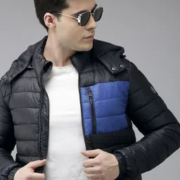 U S Polo Assn Men Black And Blue Colourblocked Hooded Puffer Jacket-image-1
