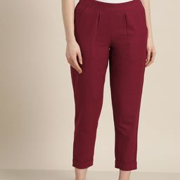 Jaipur Kurti Women Maroon Solid Cropped Easy Wash Regular Trousers-picture-19