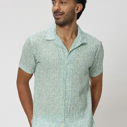 Mufti Men Green Slim Fit Abstract Printed Notch Lapel Collar Casual Shirt-image-31